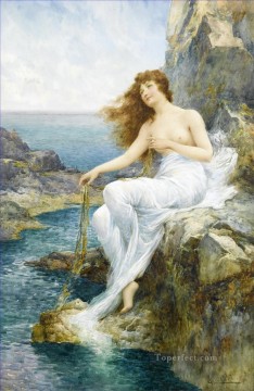 Una doncella del mar descansando en una costa rocosa Alfred Glendening JR impresionismo desnudo Pinturas al óleo